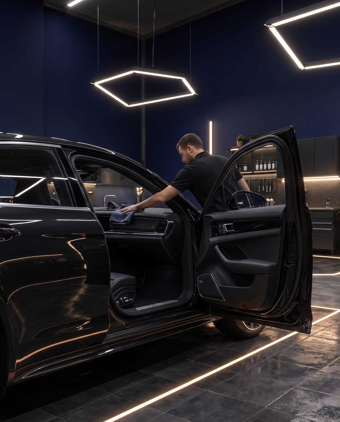 Detallista limpiando con una microfibra el interior de un coche negro con la puerta abierta, en un box de detailing
