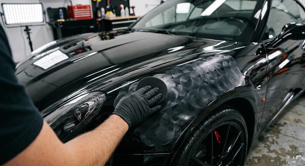 Mano con guante negro aplicando cera con una esponja circular sobre el guardabarros de un coche negro