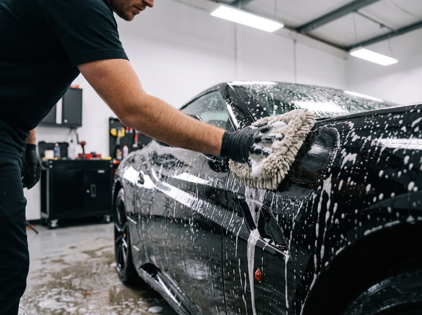 Detallista con guantes negros lavando a mano con espuma la puerta de un coche negro, en un box de detailing