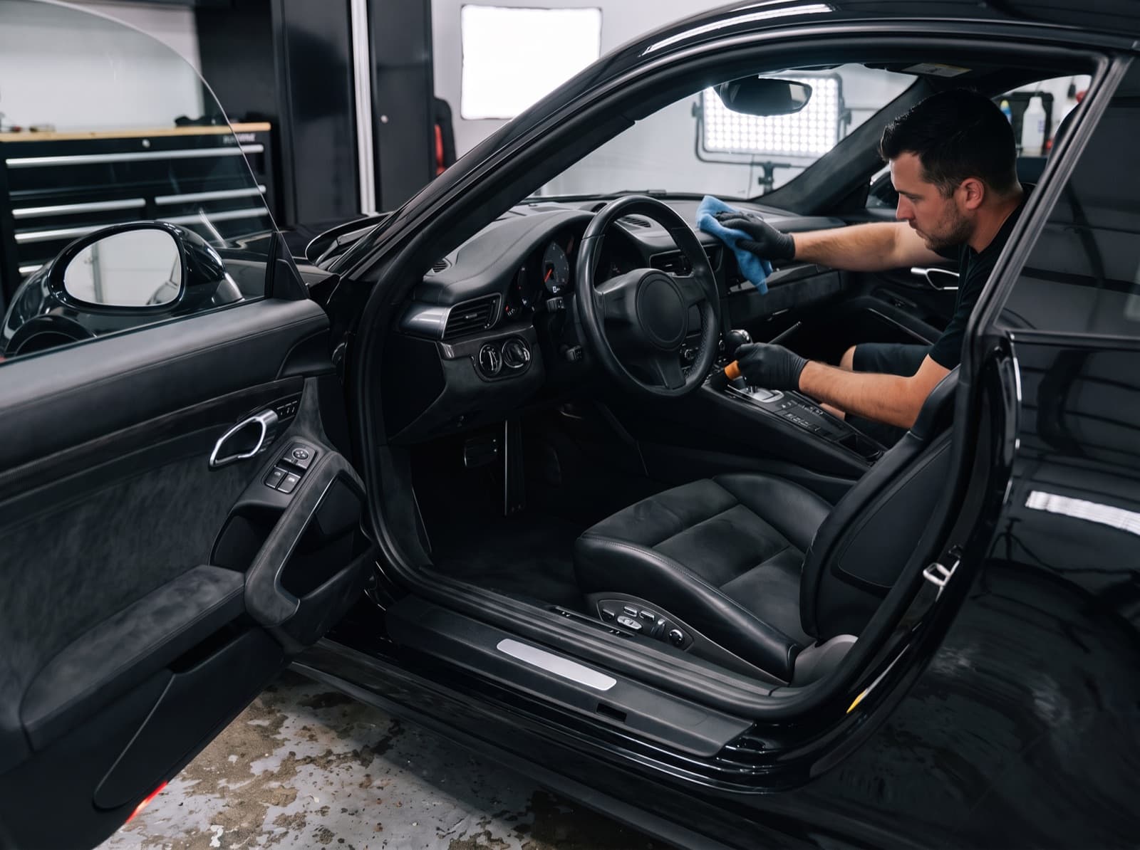 Detallista limpiando con una microfibra el salpicadero de un coche negro con la puerta abierta, en un box de detailing