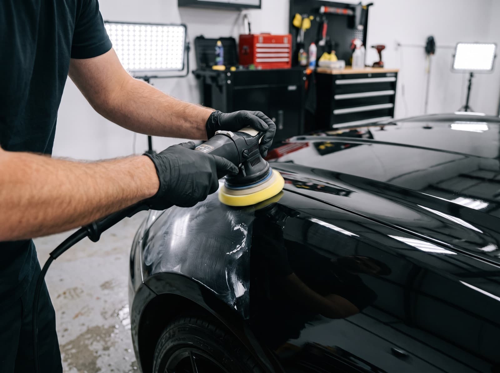 Detallista con guantes negros puliendo la aleta de un coche negro con una pulidora orbital y un disco de espuma, en un box de detailing