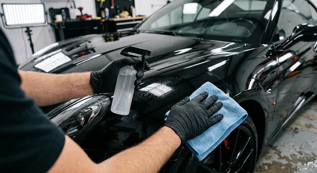 Manos con guantes negros aplicando producto con un pulverizador y una microfibra azul sobre el capó de un coche negro